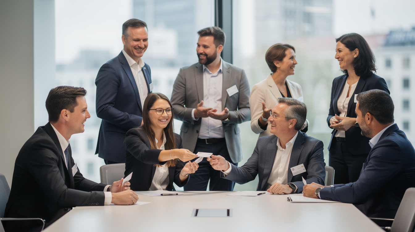 Business professionals networking and exchanging ideas at a conference table